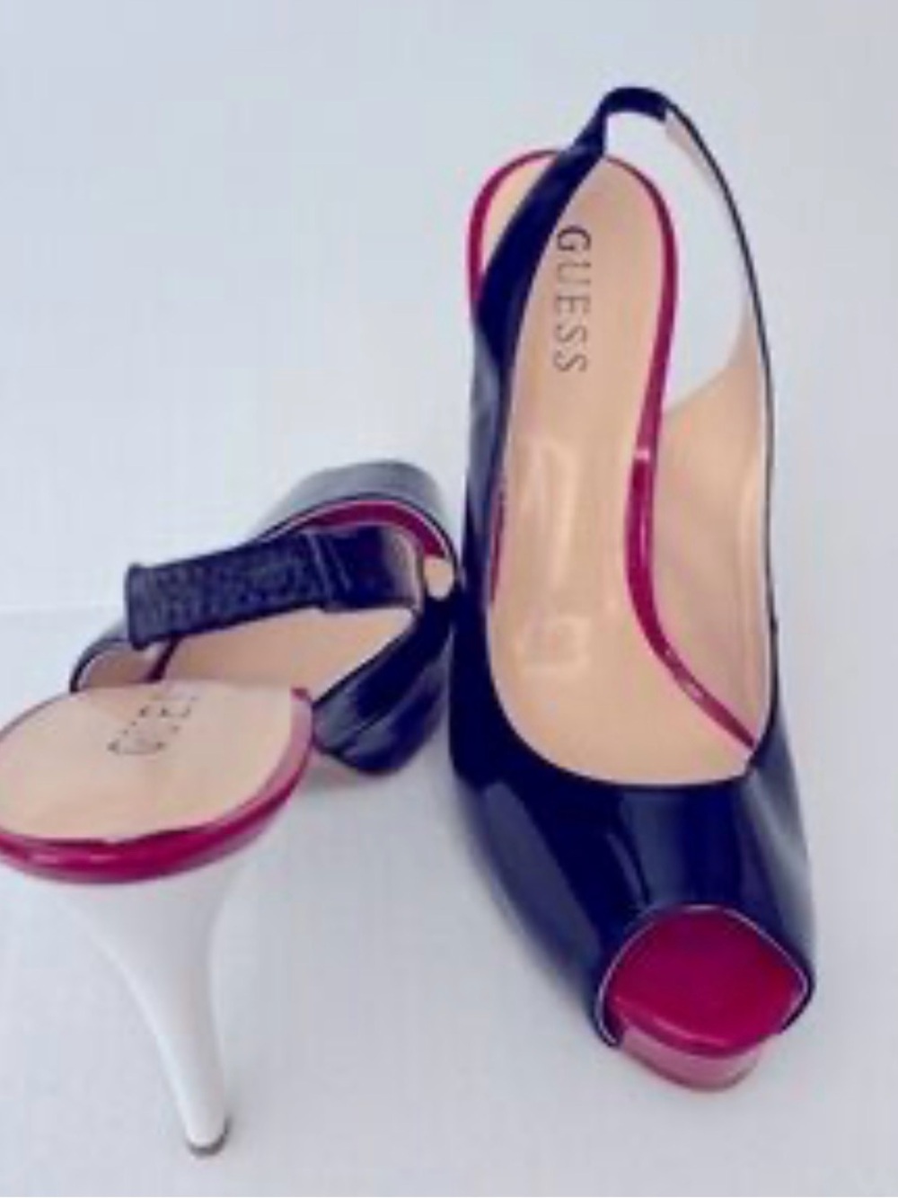 Guess Black Patent Peep-Toe Slingback Heels with Red and white Accents